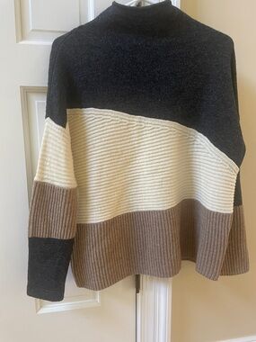 French Connection Colorblock Turtleneck Sweater in Black, Cream & Brown
